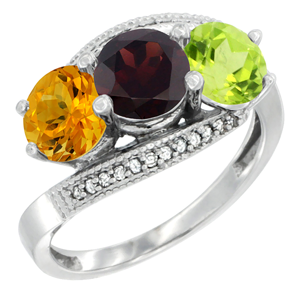 10K White Gold Natural Citrine, Garnet & Peridot 3 stone Ring Round 6mm Diamond Accent, sizes 5 - 10