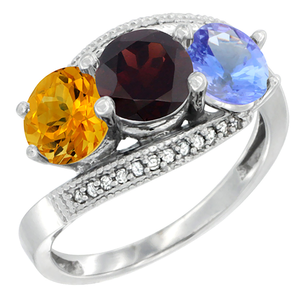10K White Gold Natural Citrine, Garnet & Tanzanite 3 stone Ring Round 6mm Diamond Accent, sizes 5 - 10