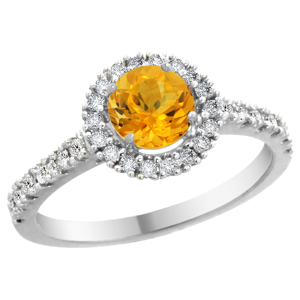 14K White Gold Diamond Halo Natural Citrine Ring Round 6mm, sizes 5 - 10