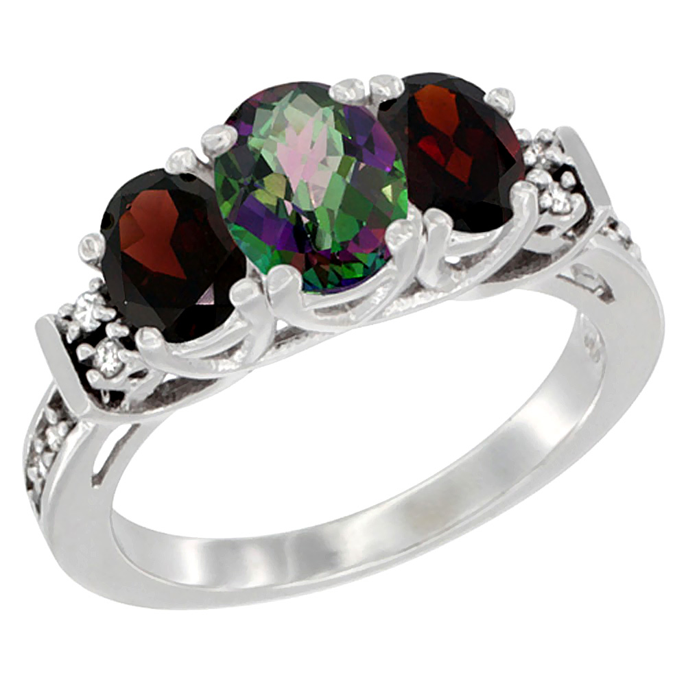 14K White Gold Natural Mystic Topaz & Garnet Ring 3-Stone Oval Diamond Accent, sizes 5-10