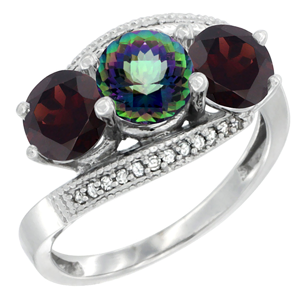 14K White Gold Natural Mystic Topaz & Garnet Sides 3 stone Ring Round 6mm Diamond Accent, sizes 5 - 10