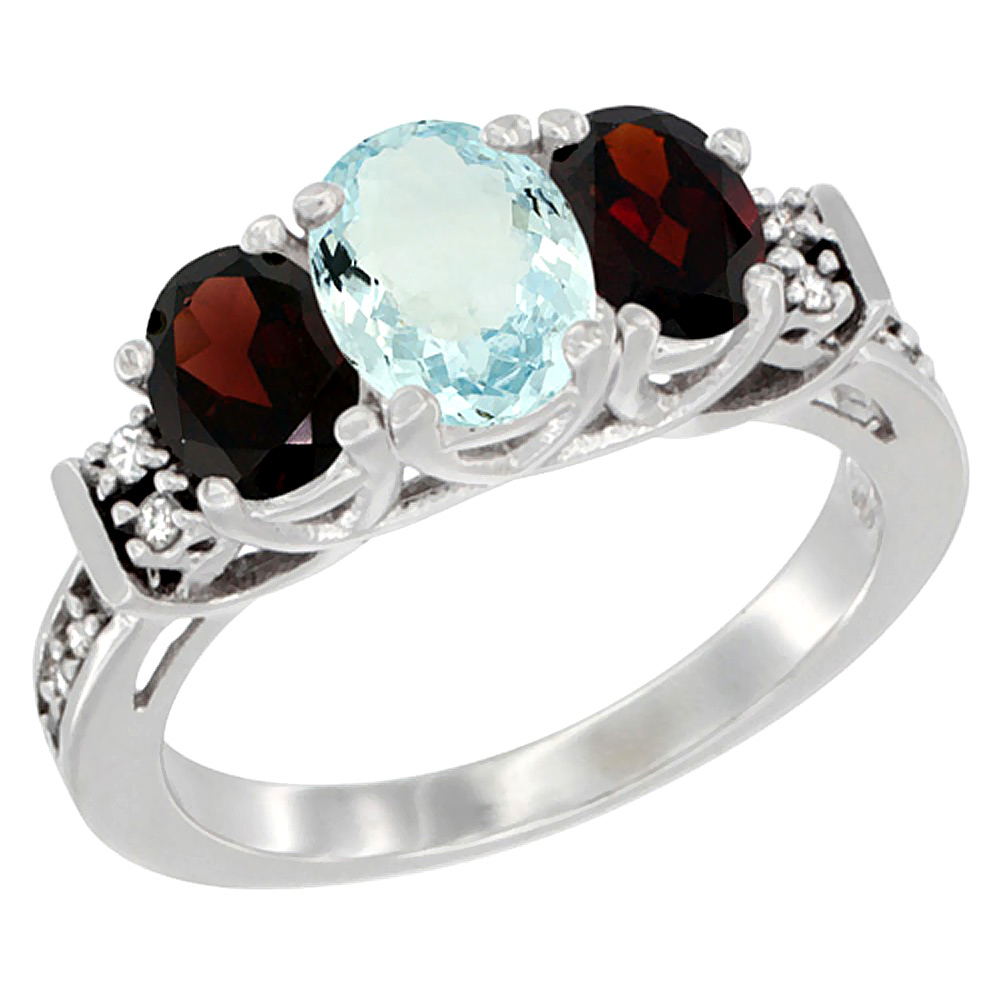 10K White Gold Natural Aquamarine & Garnet Ring 3-Stone Oval Diamond Accent, sizes 5-10