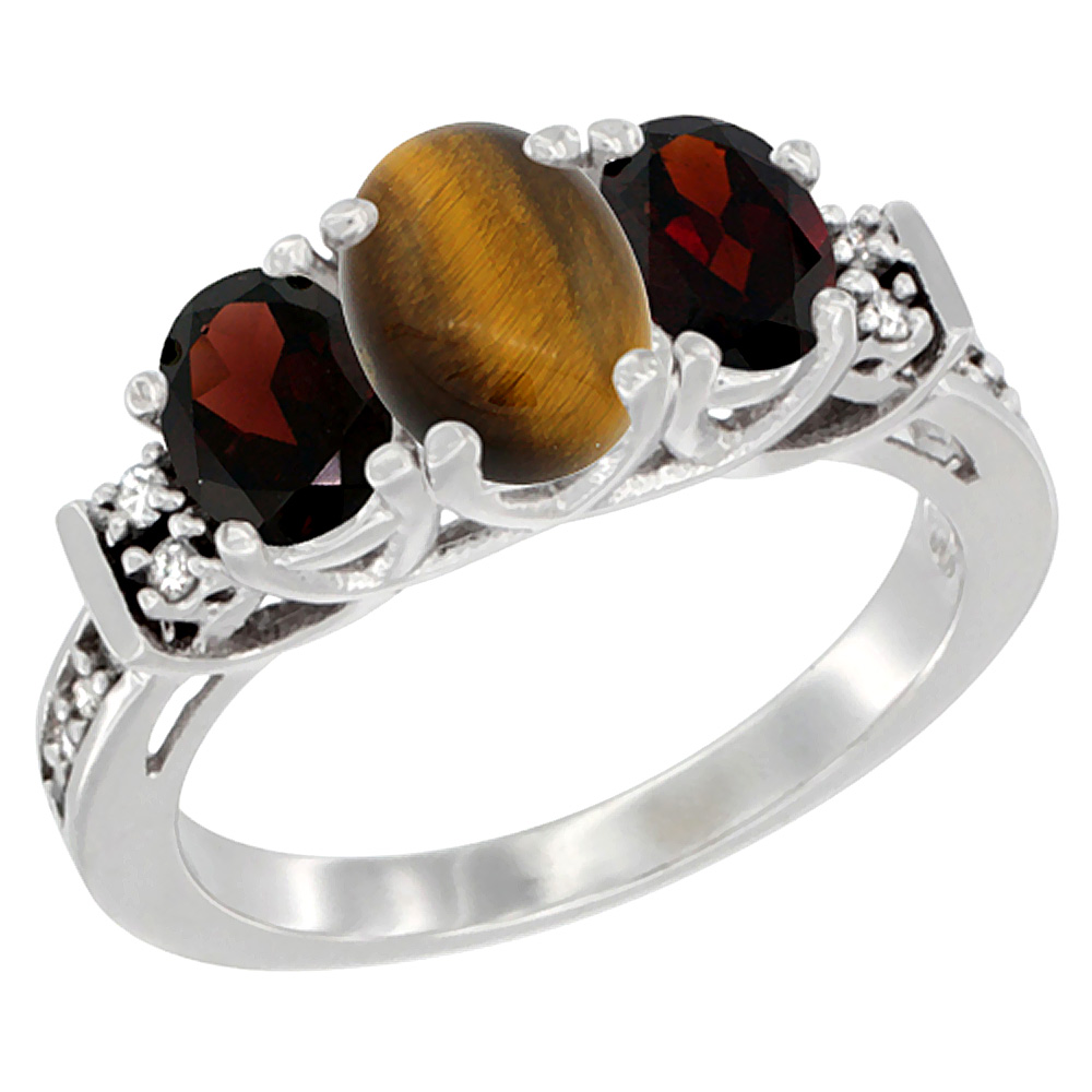 14K White Gold Natural Tiger Eye & Garnet Ring 3-Stone Oval Diamond Accent, sizes 5-10