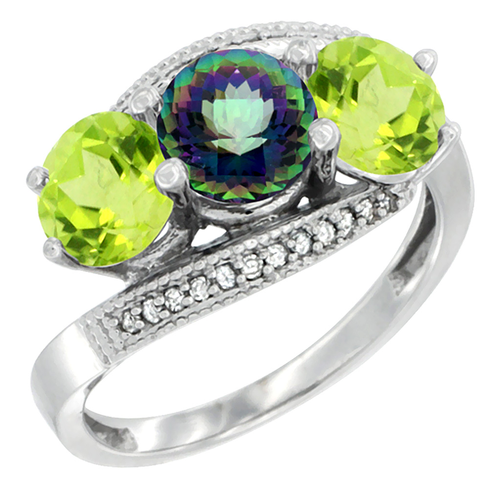 14K White Gold Natural Mystic Topaz & Peridot Sides 3 stone Ring Round 6mm Diamond Accent, sizes 5 - 10