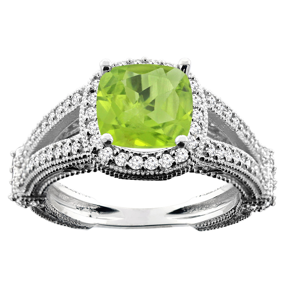 10K White/Yellow/Rose Gold Natural Peridot Cushion 8x8mm Diamond Accent 3/8 inch wide, sizes 5 - 10