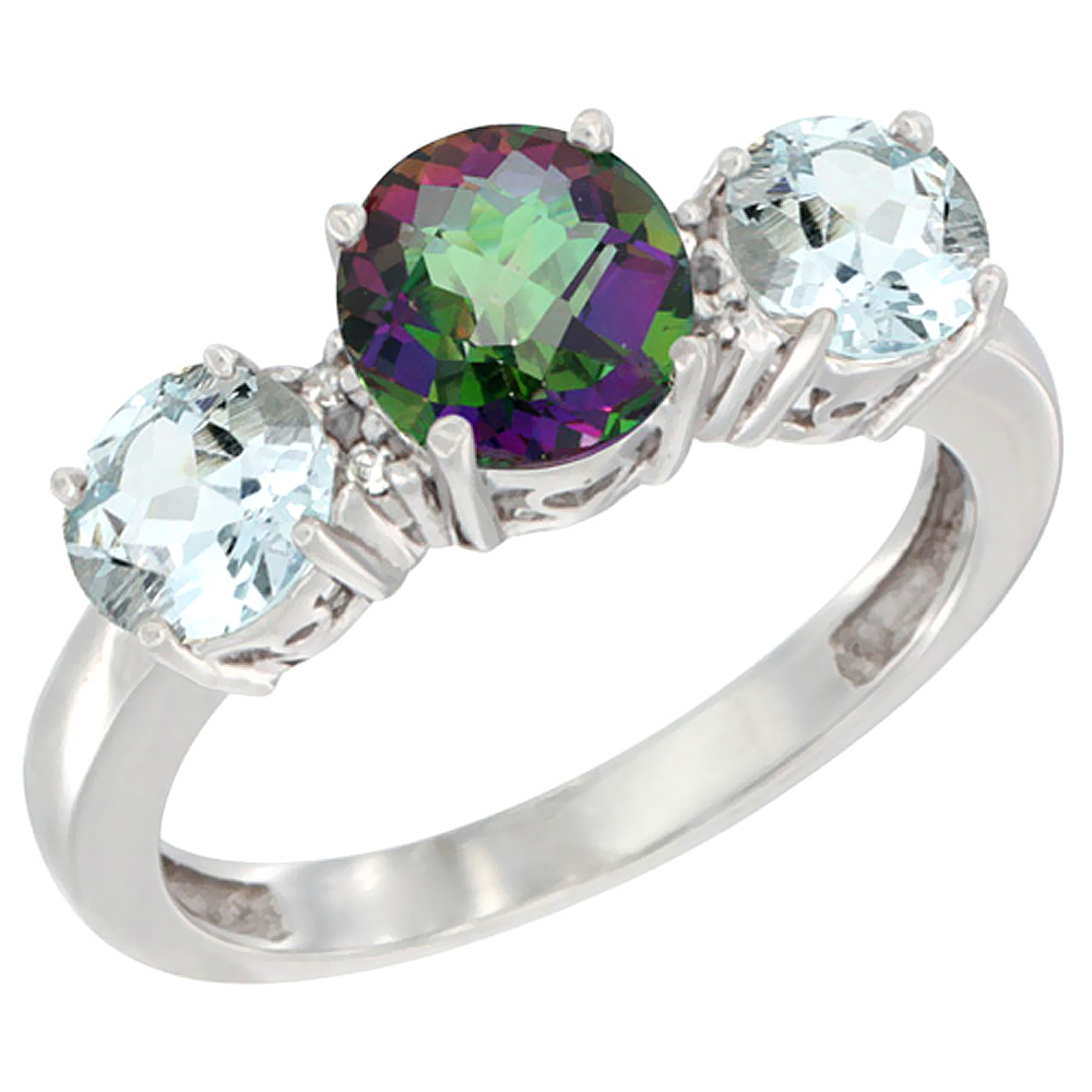 14K White Gold Round 3-Stone Natural Mystic Topaz Ring & Aquamarine Sides Diamond Accent, sizes 5 - 10