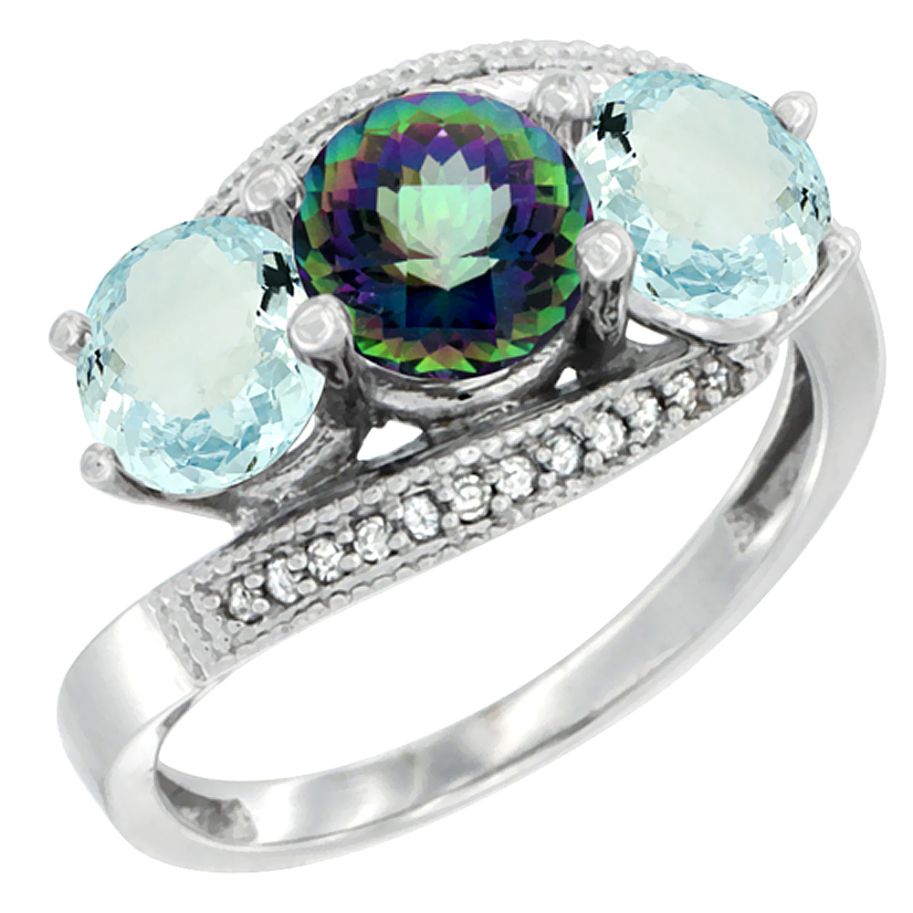 14K White Gold Natural Mystic Topaz & Aquamarine Sides 3 stone Ring Round 6mm Diamond Accent, sizes 5 - 10