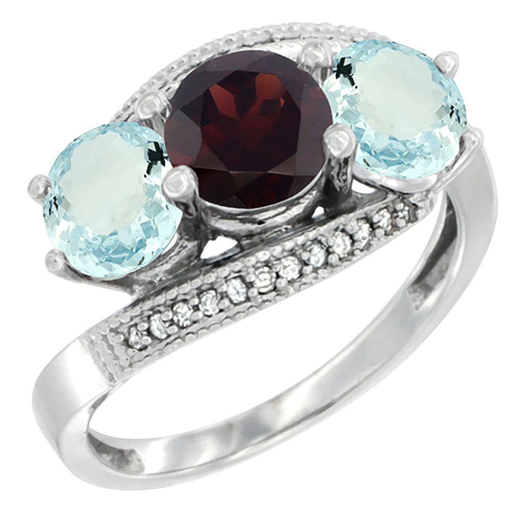 10K White Gold Natural Garnet & Aquamarine Sides 3 stone Ring Round 6mm Diamond Accent, sizes 5 - 10