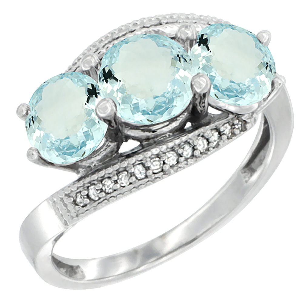 10K White Gold Natural Aquamarine 3 stone Ring Round 6mm Diamond Accent, sizes 5 - 10