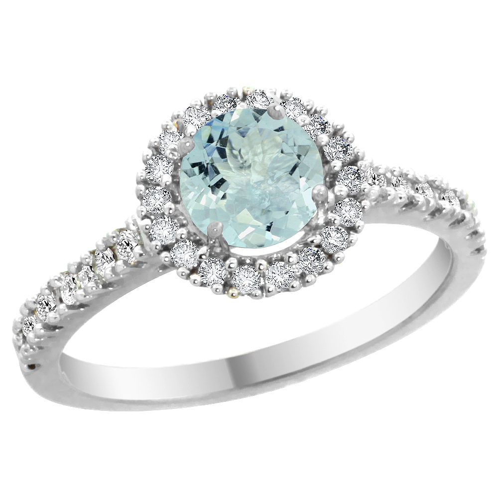 14K White Gold Diamond Halo Natural Aquamarine Ring Round 6mm, sizes 5 - 10