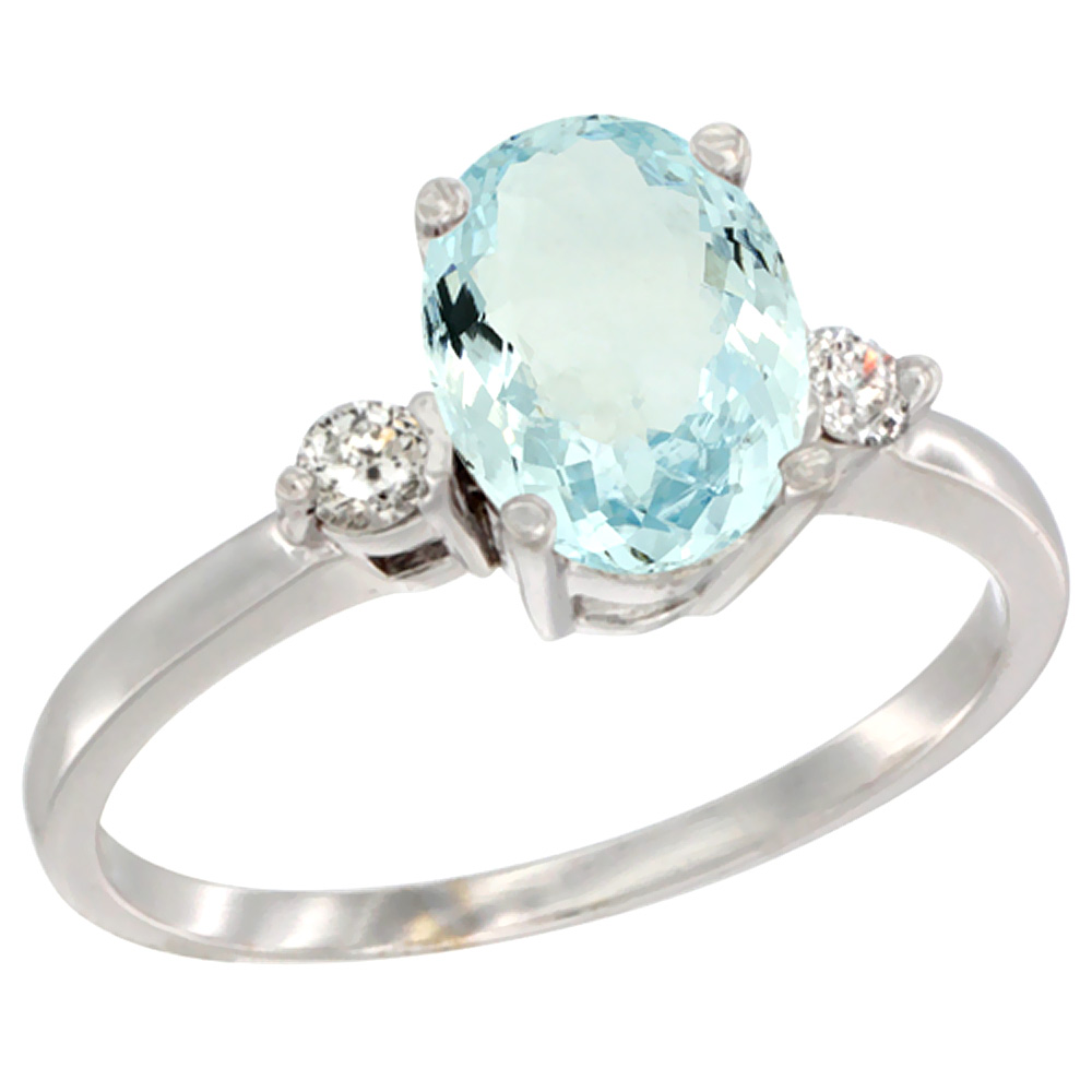 14K White Gold Natural Aquamarine Ring Oval 9x7 mm Diamond Accent, sizes 5 to 10
