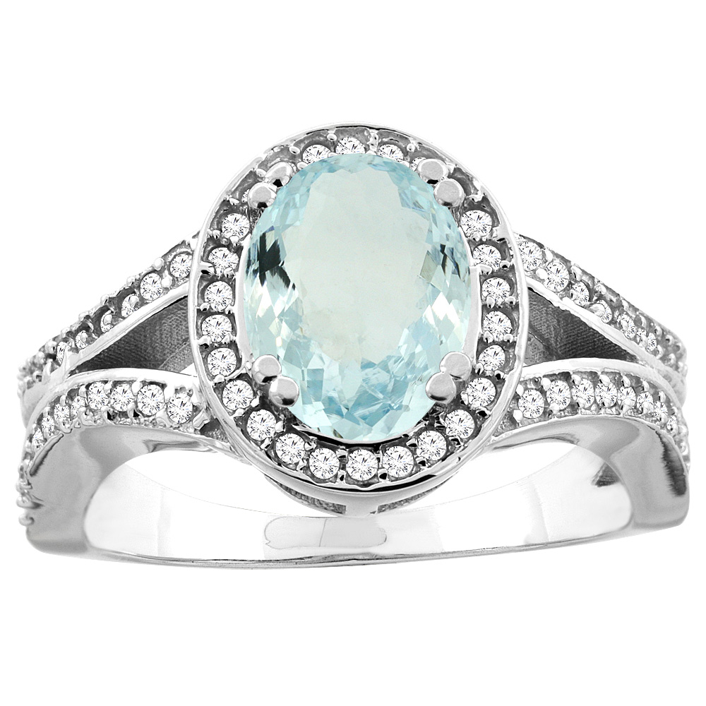 14k Gold Diamond Halo Genuine Aquamarine Ring Split Shank Oval 8x6mm, size 5-10