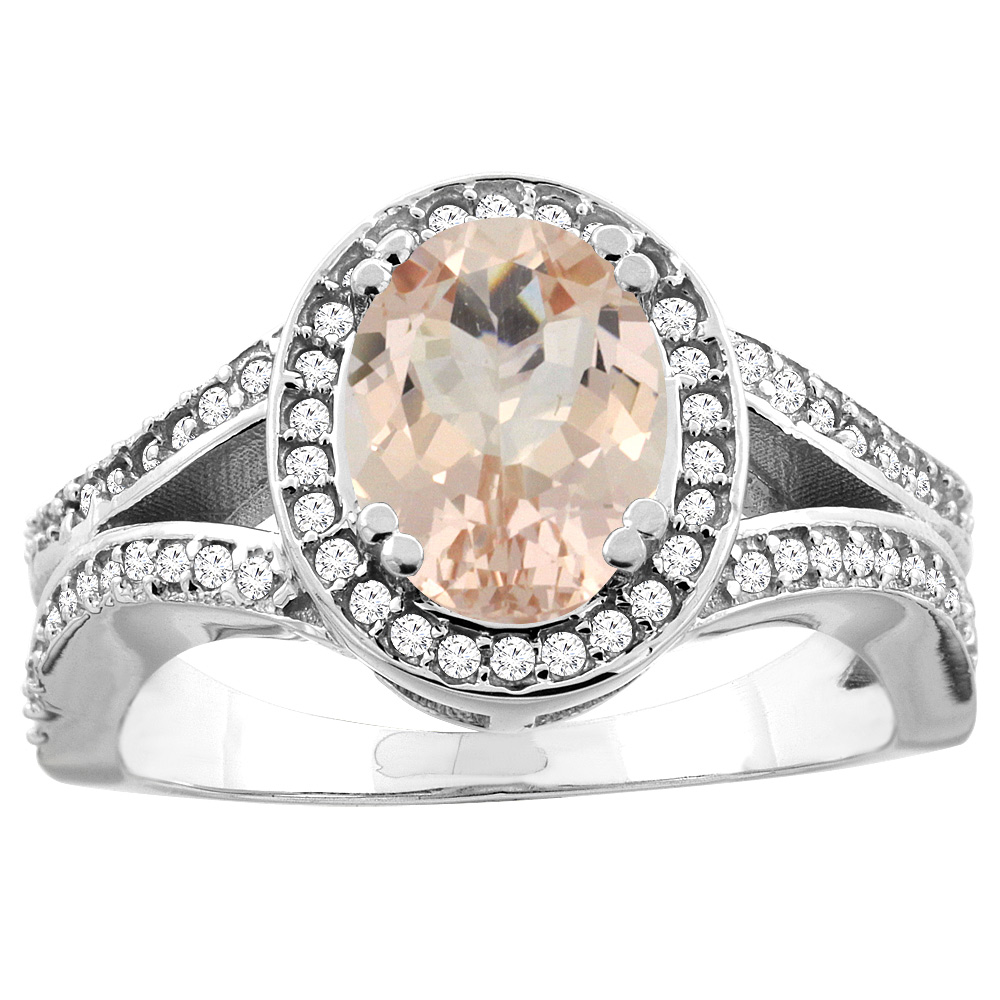 14k Gold Diamond Halo Genuine Morganite Ring Split Shank Oval 8x6mm, size 5-10