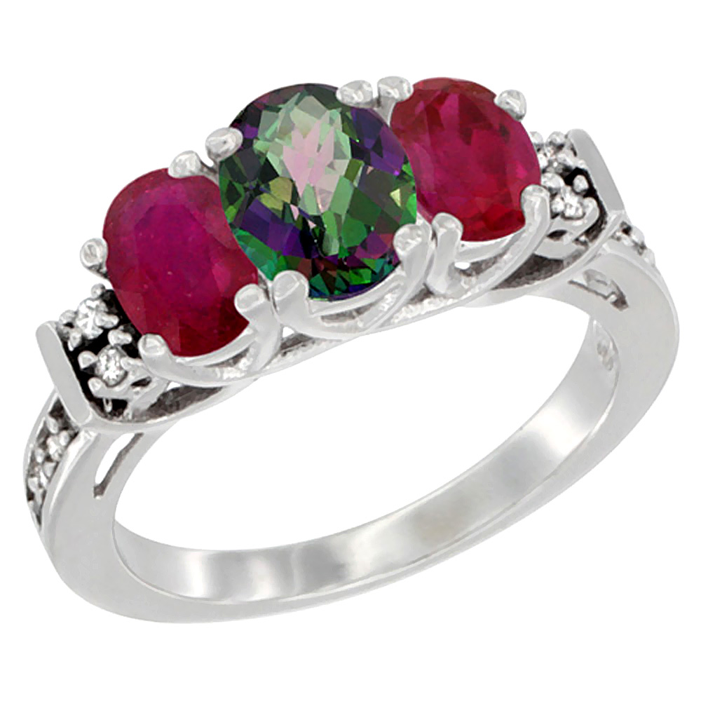 14K White Gold Natural Mystic Topaz & Enhanced Ruby Ring 3-Stone Oval Diamond Accent, sizes 5-10