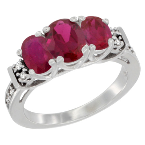 10K White Gold Enhanced Ruby Ring 3-Stone Oval Diamond Accent, sizes 5-10
