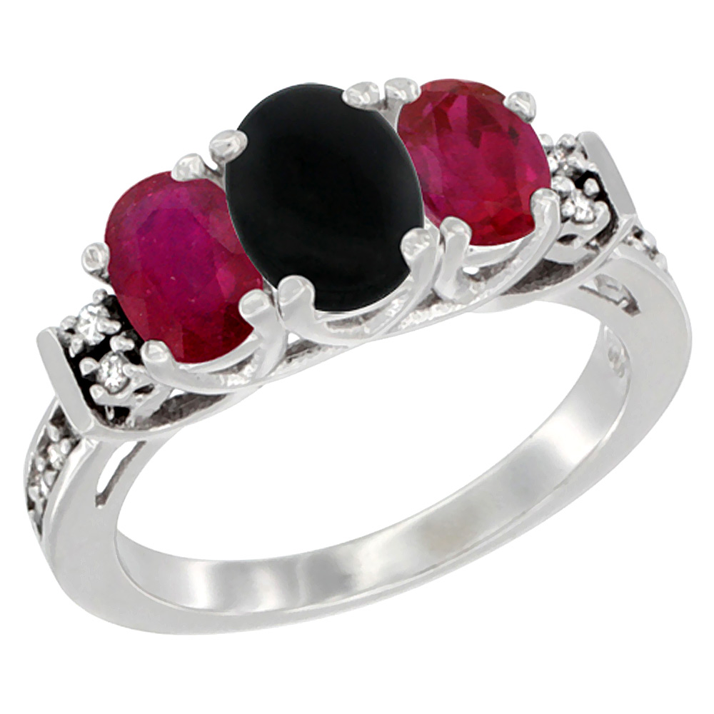 14K White Gold Natural Black Onyx & Enhanced Ruby Ring 3-Stone Oval Diamond Accent, sizes 5-10