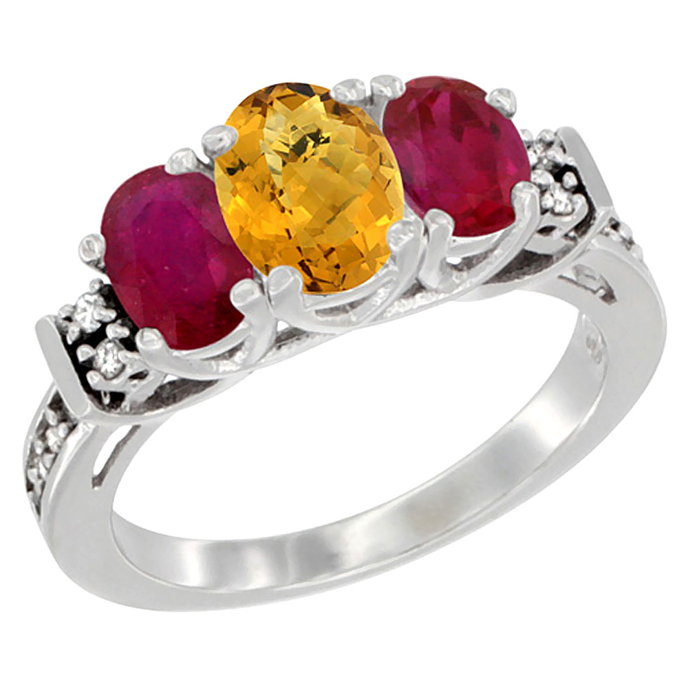 10K White Gold Natural Whisky Quartz & Enhanced Ruby Ring 3-Stone Oval Diamond Accent, sizes 5-10