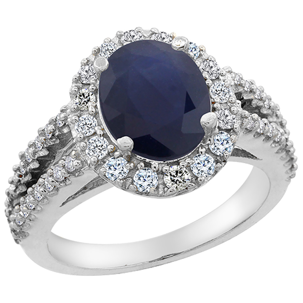 14K White Gold Diamond Natural Blue Sapphire Engagement Ring Oval 10x8mm, sizes 5-10