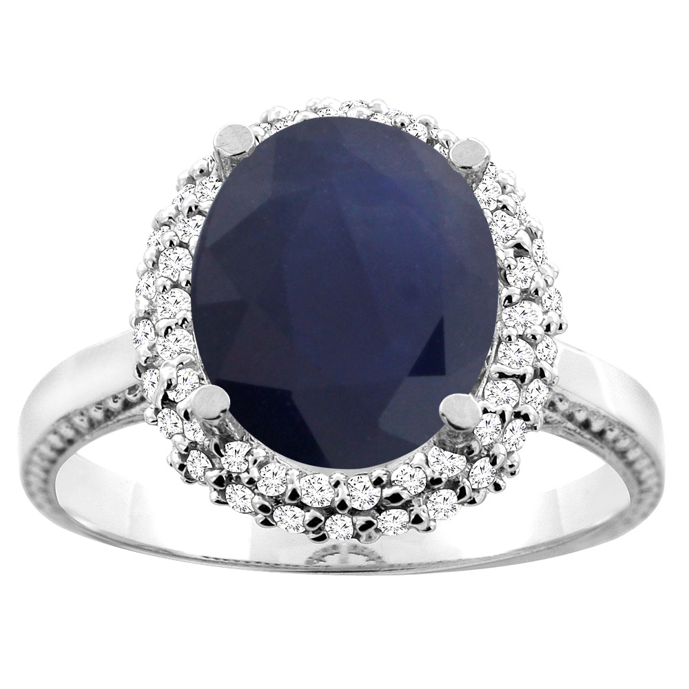 14K White/Yellow Gold Natural Blue Sapphire Double Halo Ring Oval 10x8mm Diamond Accent, sizes 5 - 10