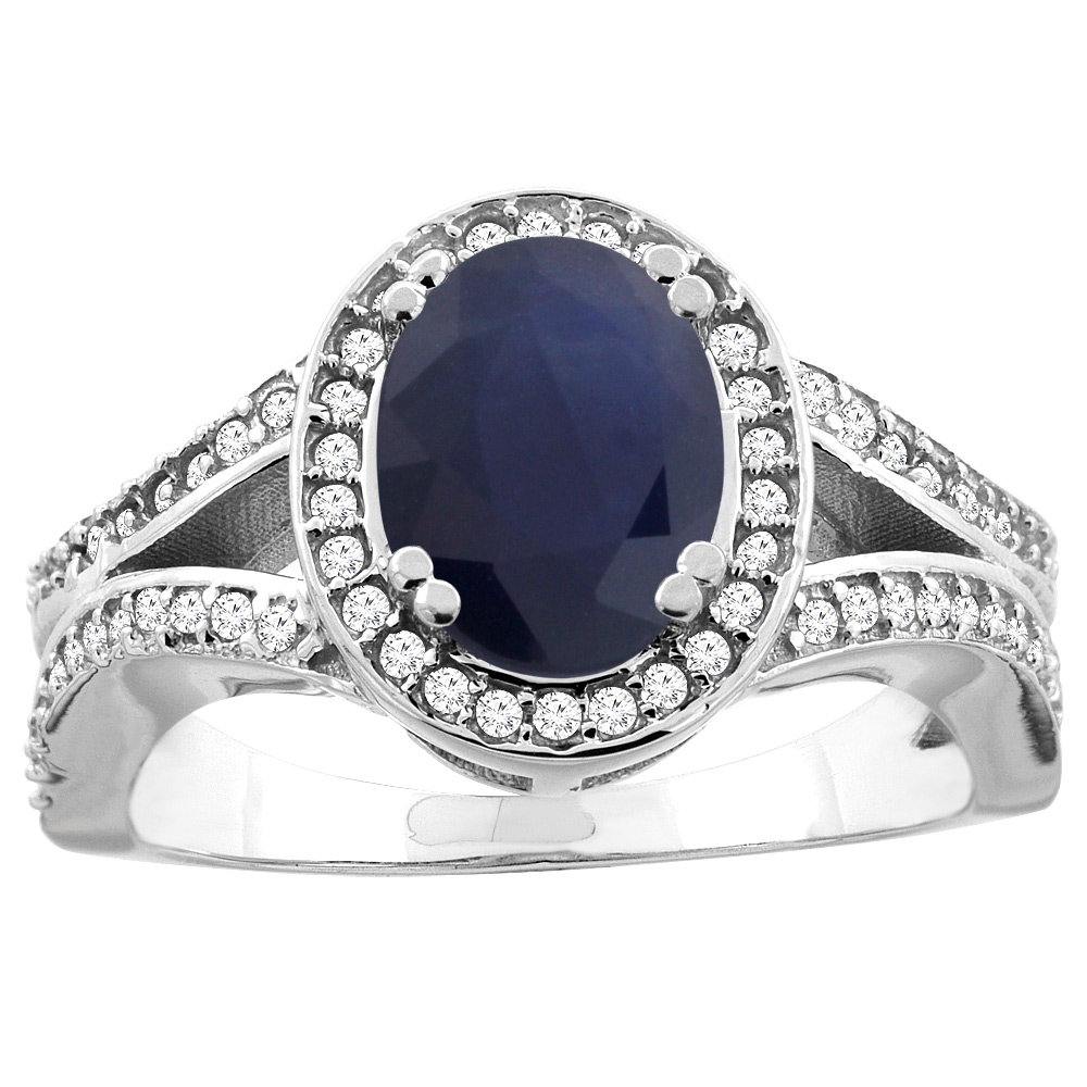 14k Gold Diamond Halo Genuine Blue Sapphire Ring Split Shank Oval 8x6mm, size 5-10