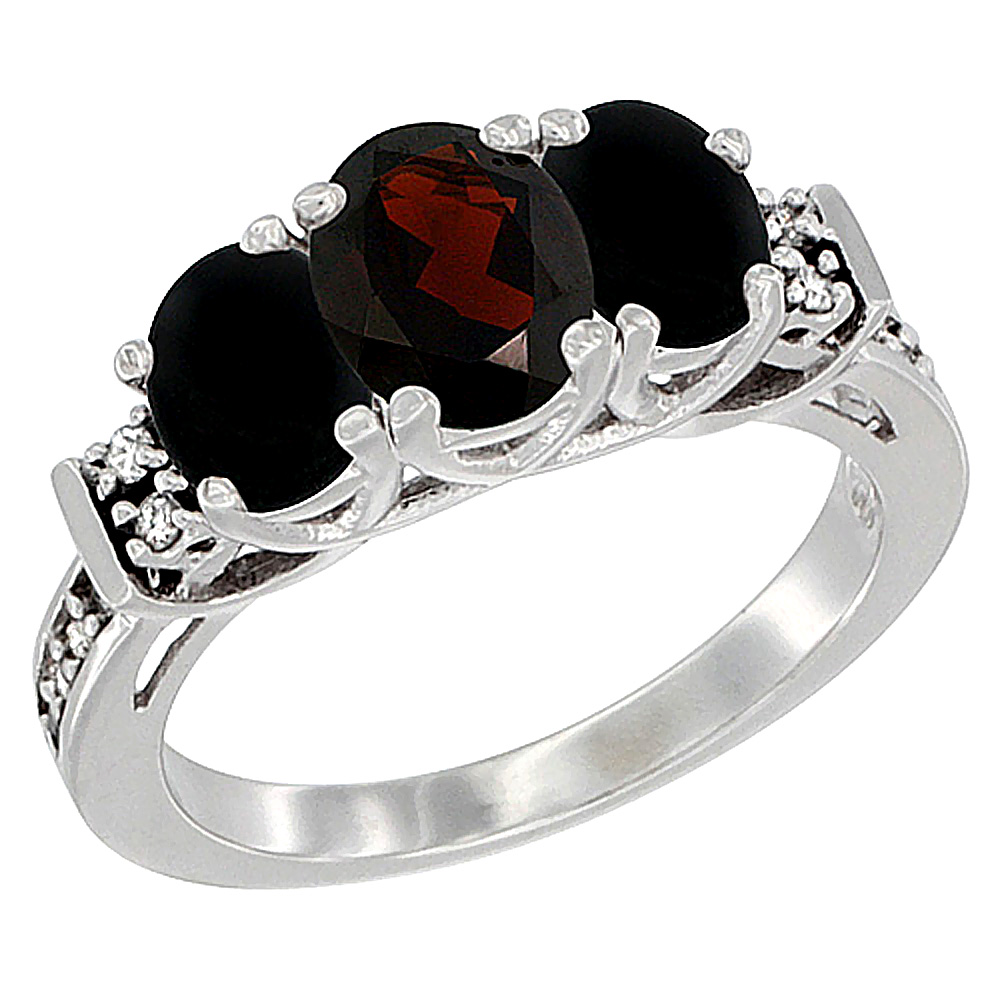 14K White Gold Natural Garnet & Black Onyx Ring 3-Stone Oval Diamond Accent, sizes 5-10