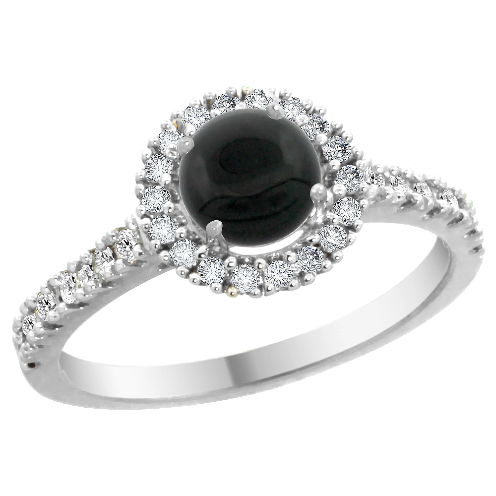 14K White Gold Diamond Halo Natural Black Onyx Ring Round 6mm, sizes 5 - 10