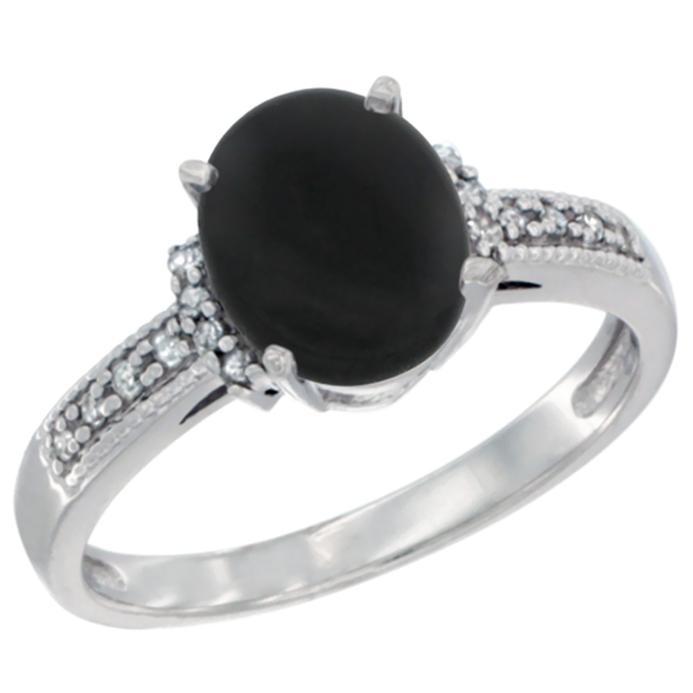 10K White Gold Natural Black Onyx Ring Oval 9x7 mm Diamond Accent, sizes 5 - 10