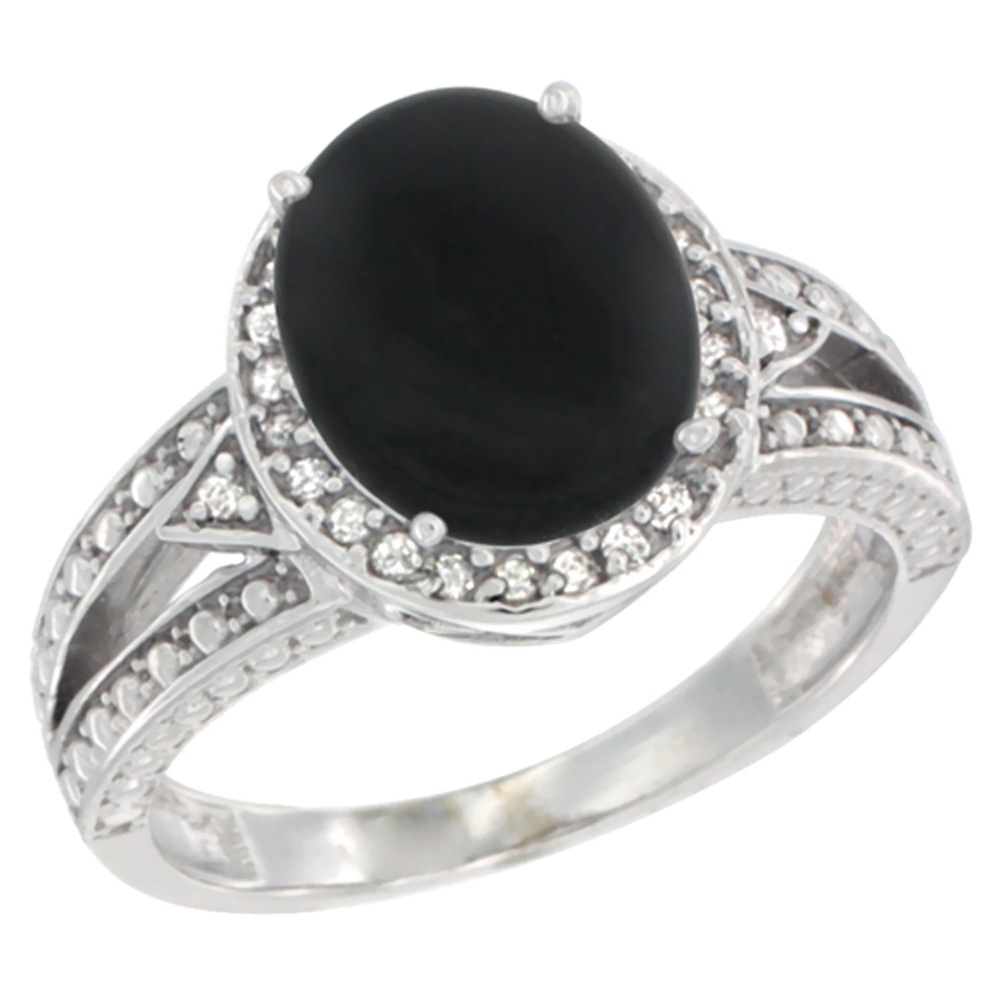10k White Gold Natural Black Onyx Ring Oval 9x7 mm Diamond Halo, sizes 5 - 10
