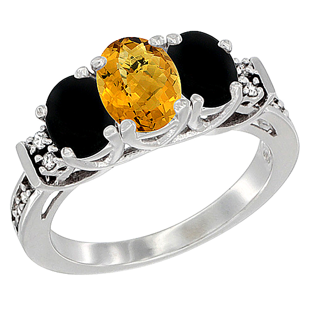 10K White Gold Natural Whisky Quartz & Black Onyx Ring 3-Stone Oval Diamond Accent, sizes 5-10
