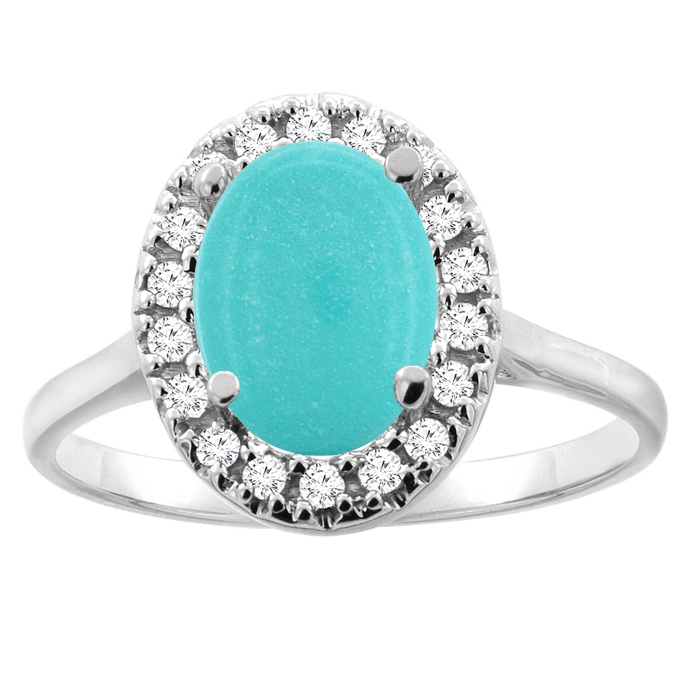 10K Gold Natural Turquoise Halo Ring Oval 9x7mm Diamond Accent, sizes 5 - 10