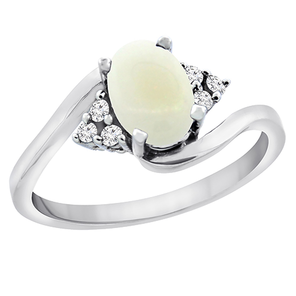 14K White Gold Diamond Natural Opal Engagement Ring Oval 7x5mm, sizes 5 - 10