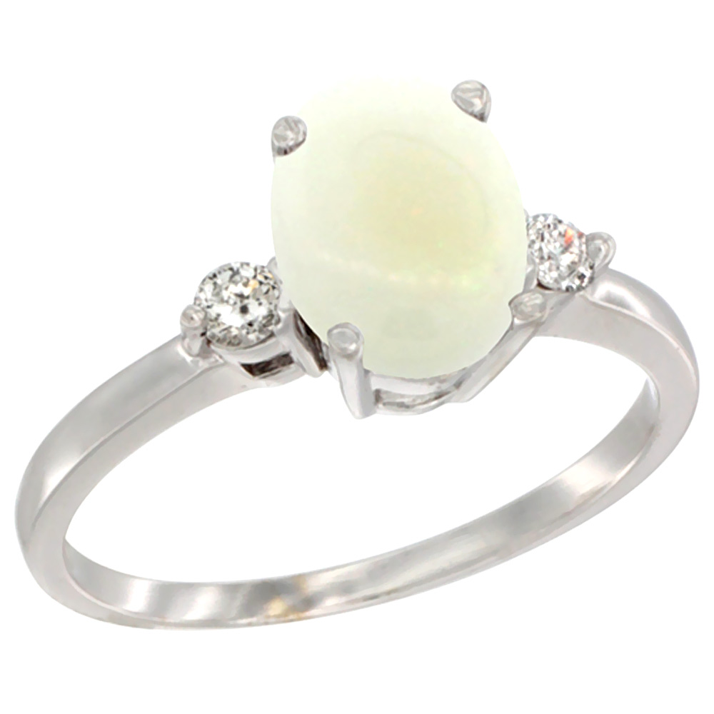 14K White Gold Natural Opal Ring Oval 9x7 mm Diamond Accent, sizes 5 to 10