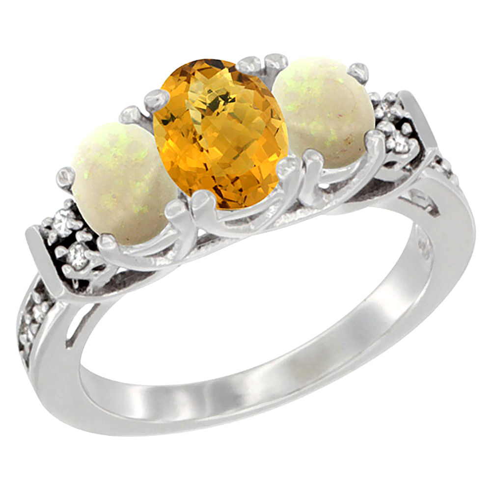 10K White Gold Natural Whisky Quartz & Opal Ring 3-Stone Oval Diamond Accent, sizes 5-10