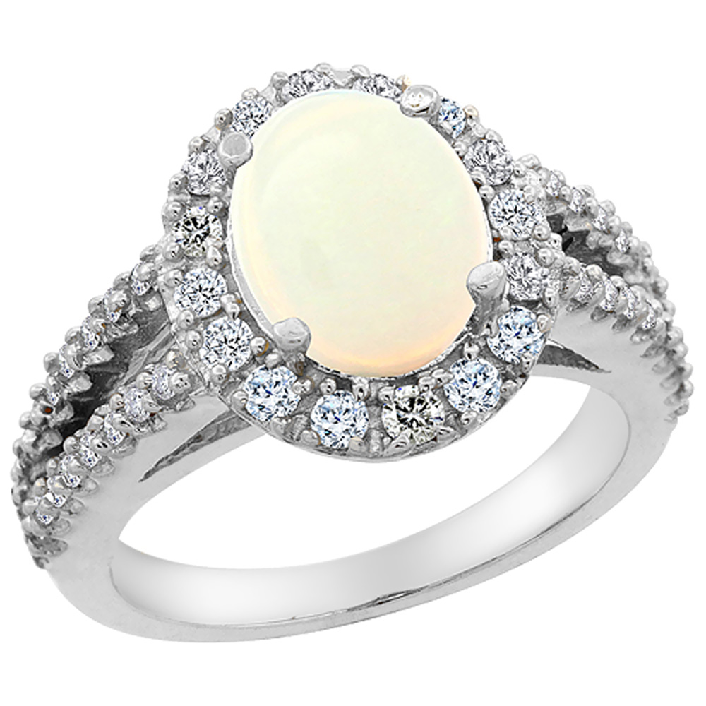 14K White Gold Diamond Natural Opal Engagement Ring Oval 10x8mm, sizes 5-10