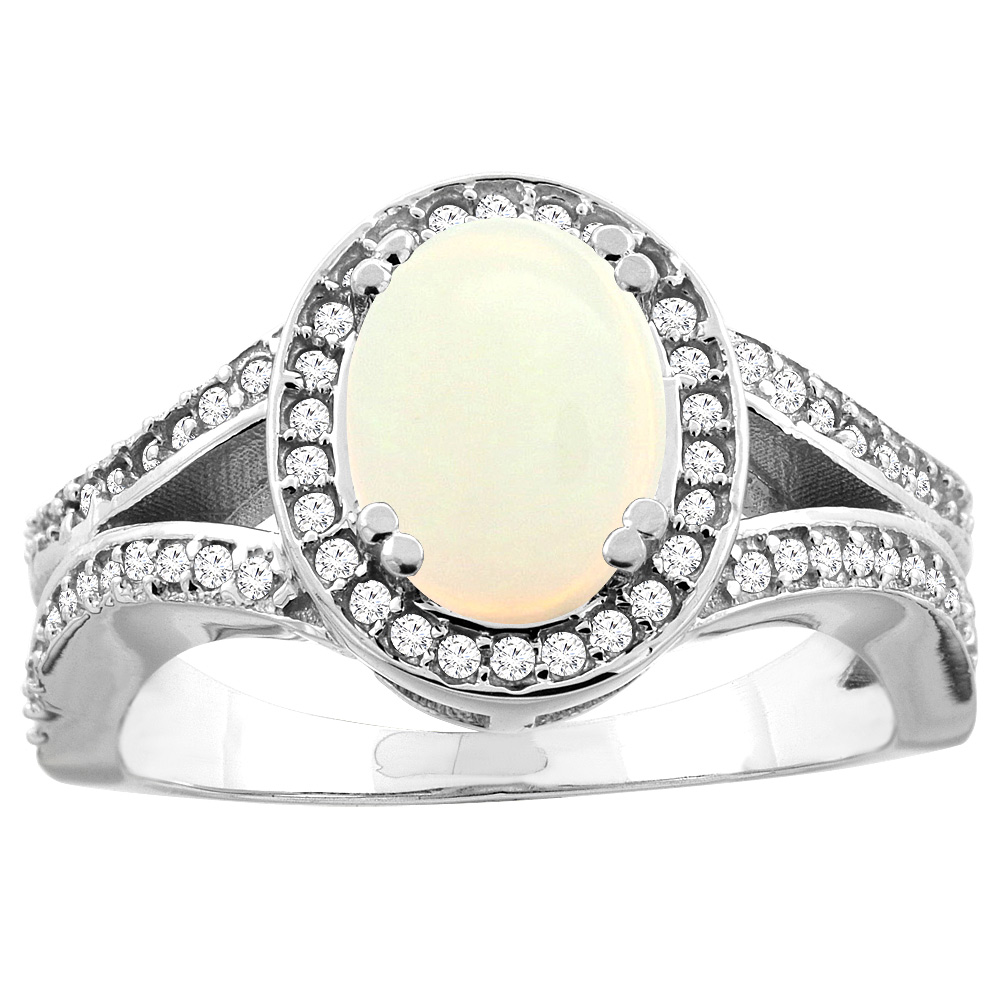 14k Gold Diamond Halo Genuine Opal Ring Split Shank Oval 8x6mm, size 5-10