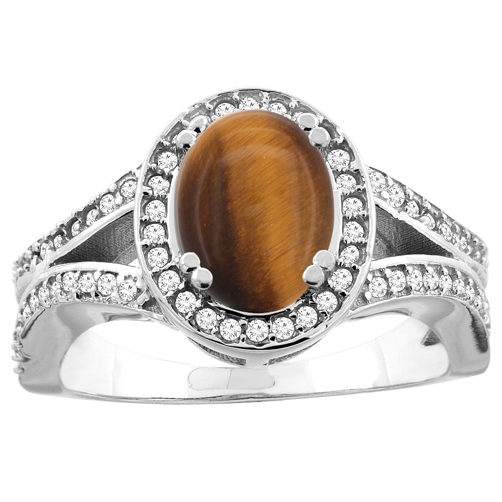 14k Gold Diamond Halo Genuine Tiger Eye Ring Split Shank Oval 8x6mm, size 5-10