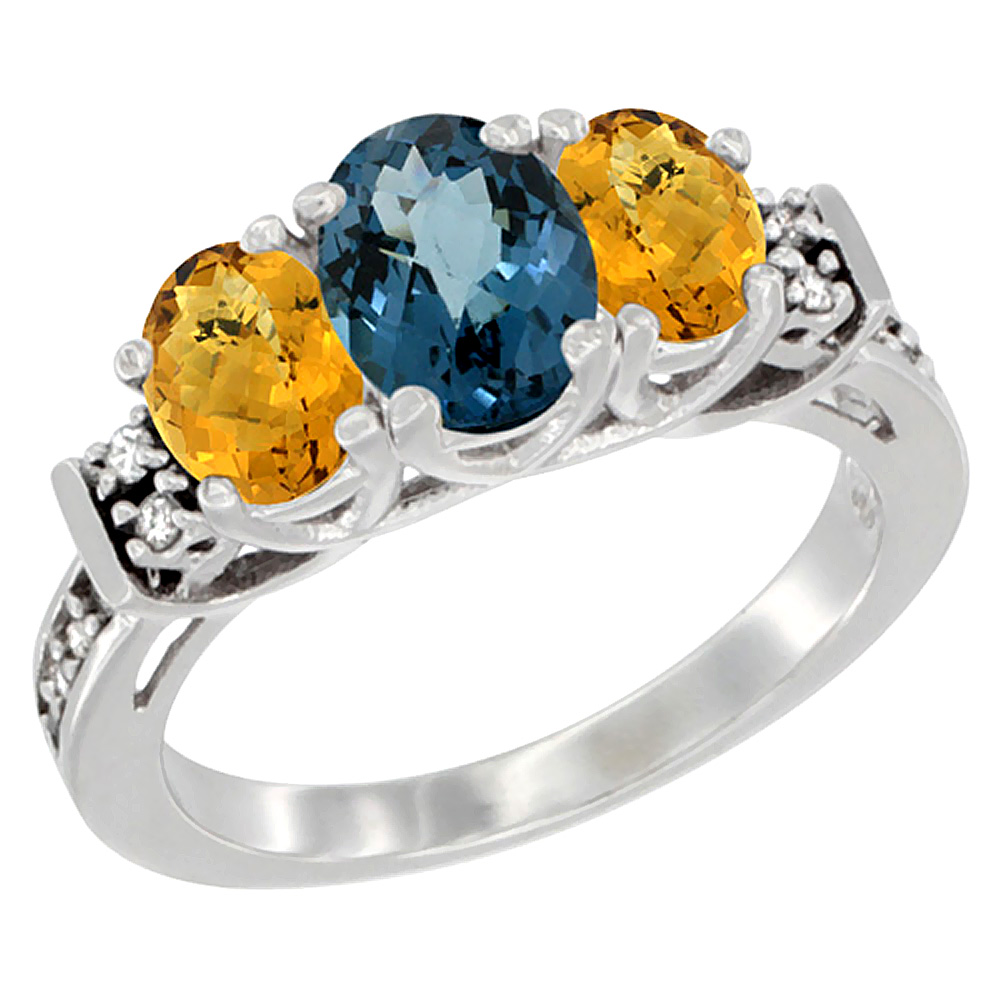 14K White Gold Natural London Blue Topaz & Whisky Quartz Ring 3-Stone Oval Diamond Accent, sizes 5-10