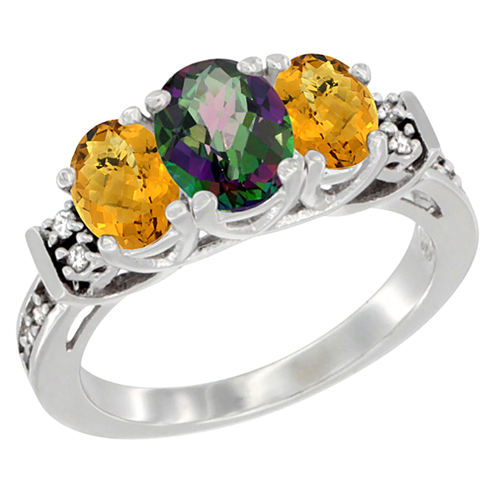 14K White Gold Natural Mystic Topaz & Whisky Quartz Ring 3-Stone Oval Diamond Accent, sizes 5-10