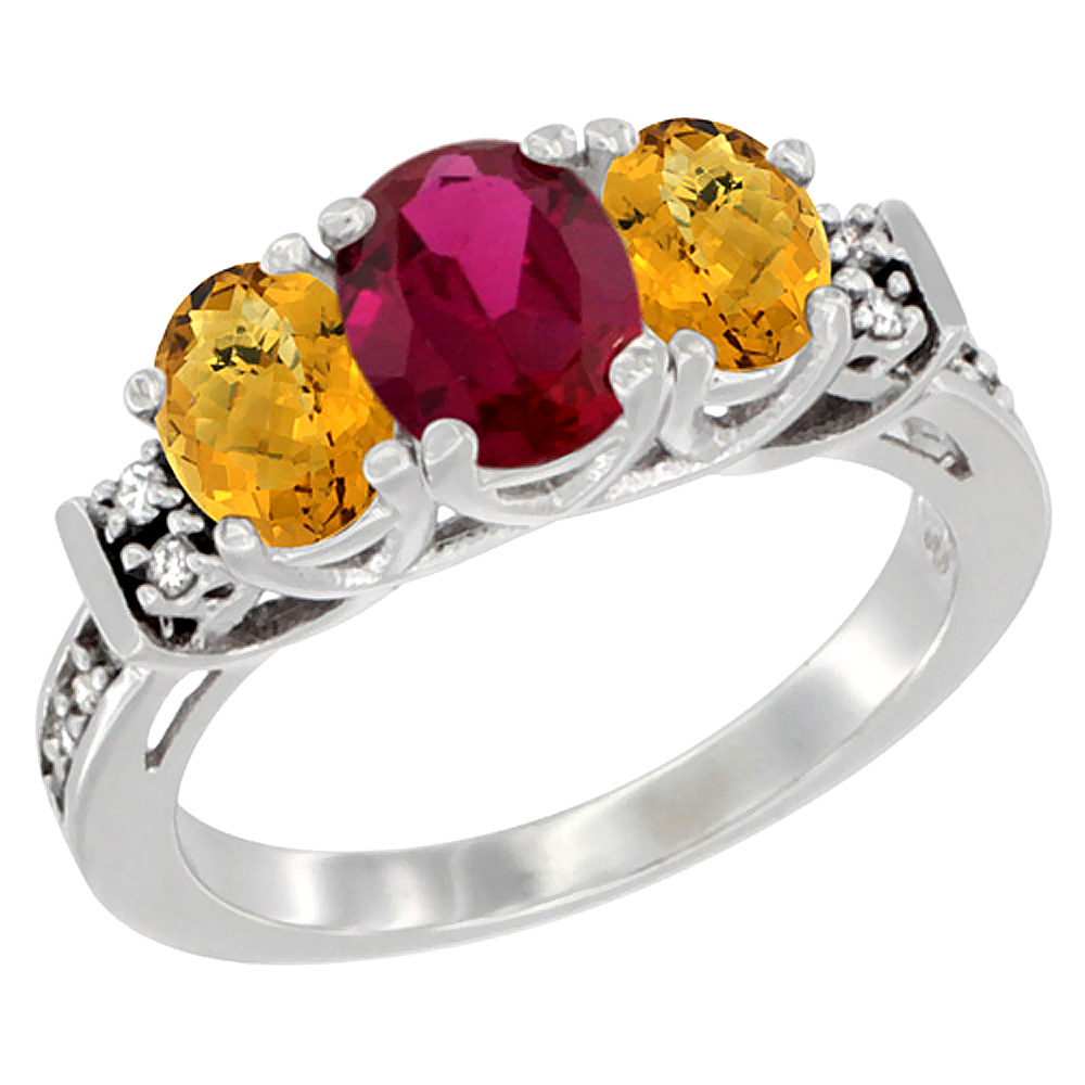 10K White Gold Enhanced Ruby & Natural Whisky Quartz Ring 3-Stone Oval Diamond Accent, sizes 5-10