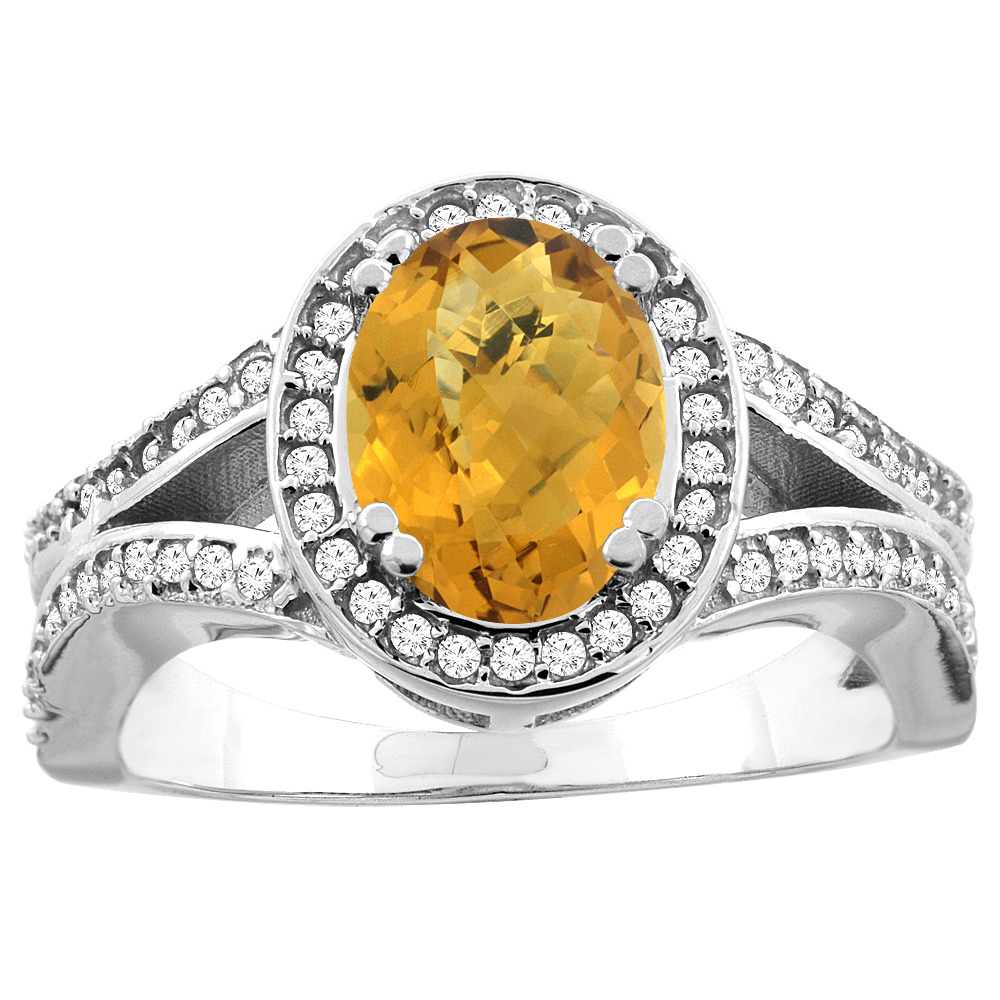 14k Gold Diamond Halo Genuine Whisky Quartz Ring Split Shank Oval 8x6mm, size 5-10