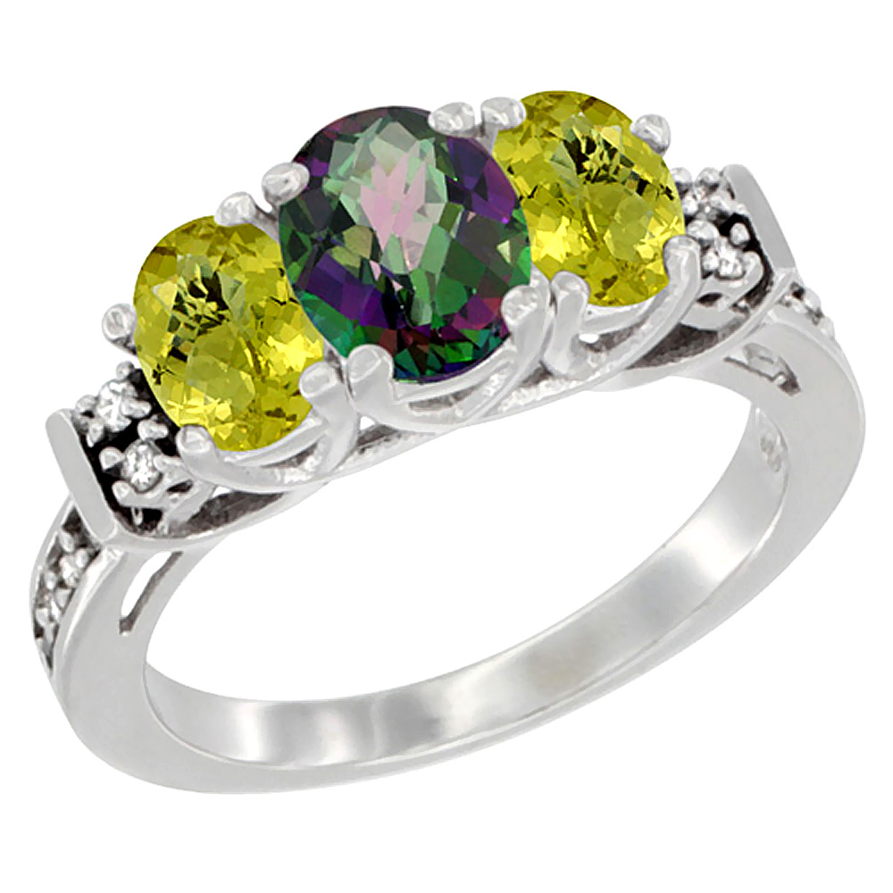 14K White Gold Natural Mystic Topaz & Lemon Quartz Ring 3-Stone Oval Diamond Accent, sizes 5-10