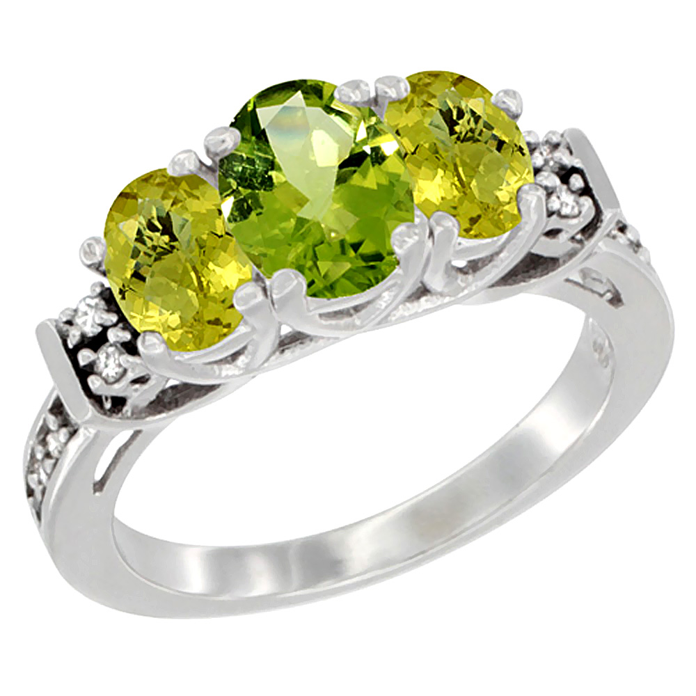 14K White Gold Natural Peridot & Lemon Quartz Ring 3-Stone Oval Diamond Accent, sizes 5-10