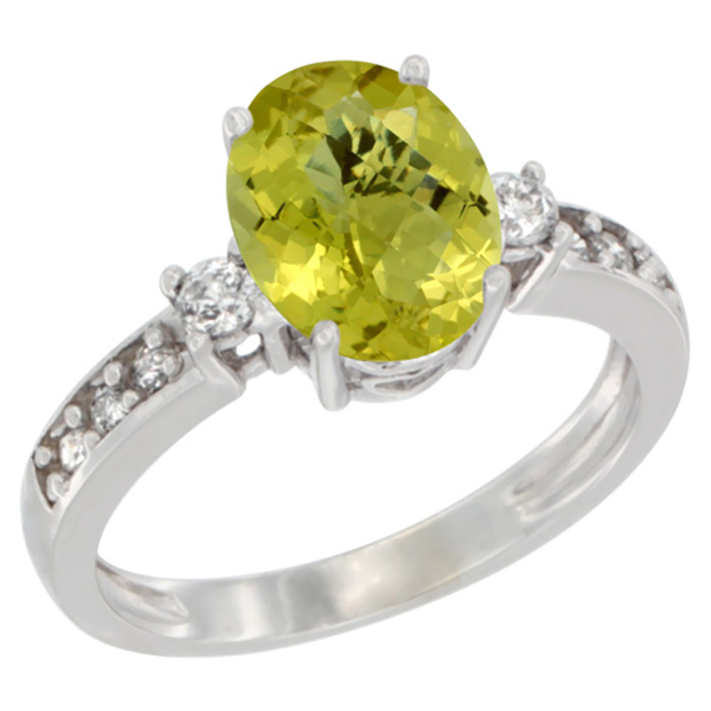 14K White Gold Natural Lemon Quartz Ring Oval 9x7 mm Diamond Accent, sizes 5 - 10