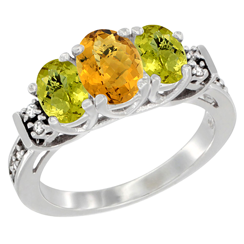 10K White Gold Natural Whisky Quartz & Lemon Quartz Ring 3-Stone Oval Diamond Accent, sizes 5-10