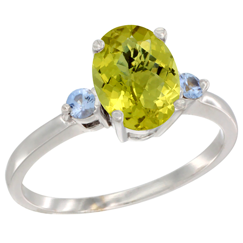 10K White Gold Natural Lemon Quartz Ring Oval 9x7 mm Light Blue Sapphire Accent, sizes 5 to 10