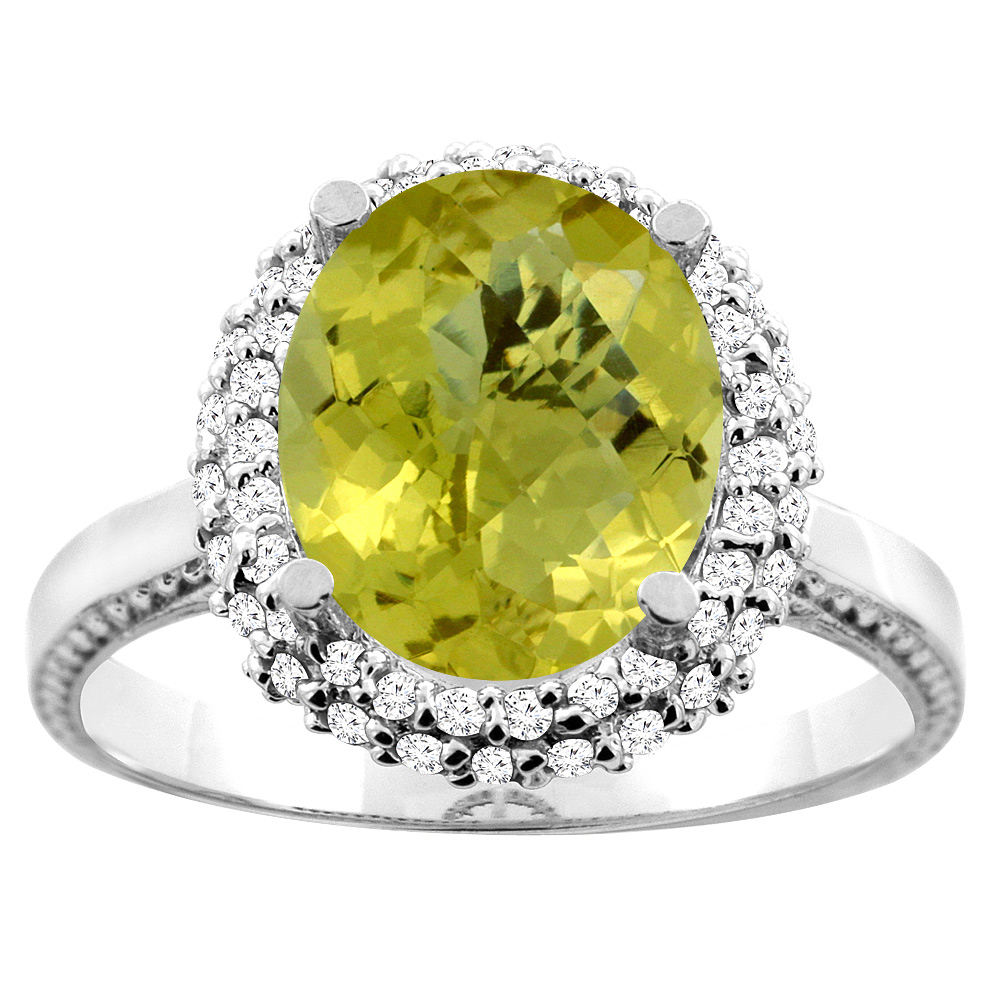 10K White/Yellow Gold Natural Lemon Quartz Double Halo Ring Oval 10x8mm Diamond Accent, sizes 5 - 10