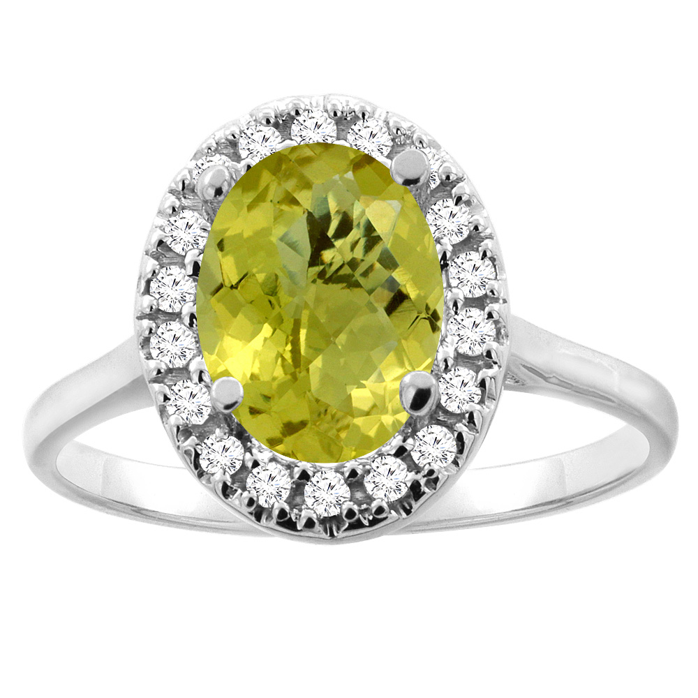 10K Gold Natural Lemon Quartz Halo Ring Oval 9x7mm Diamond Accent, sizes 5 - 10