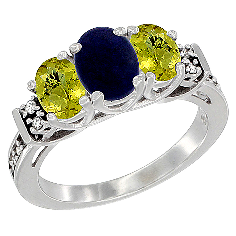 10K White Gold Natural Lapis & Lemon Quartz Ring 3-Stone Oval Diamond Accent, sizes 5-10