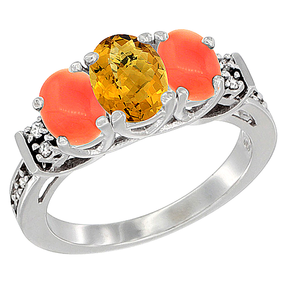 10K White Gold Natural Whisky Quartz & Coral Ring 3-Stone Oval Diamond Accent, sizes 5-10