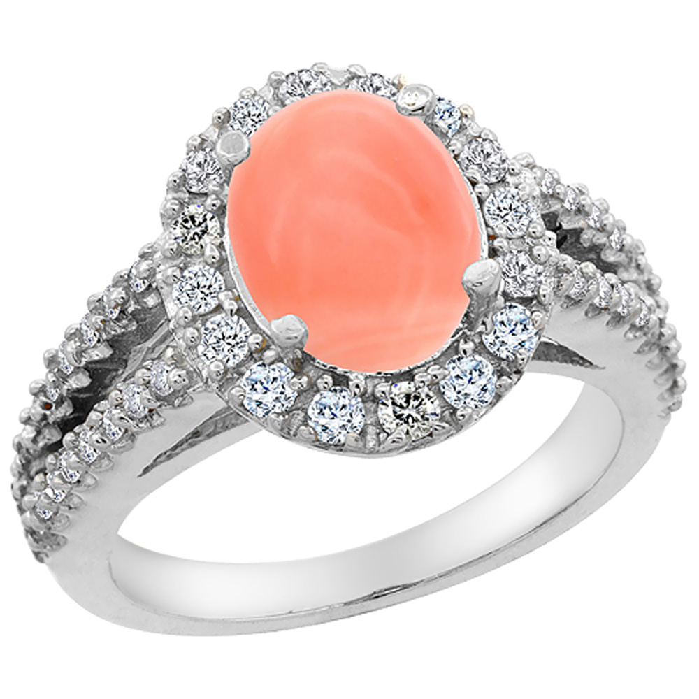 14K White Gold Diamond Natural Coral Engagement Ring Oval 10x8mm, sizes 5-10